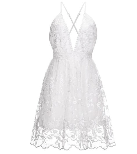 Kanten jurk - Witte mini zomerjurk met V-hals en open rug voor dames-Boetiek Moda