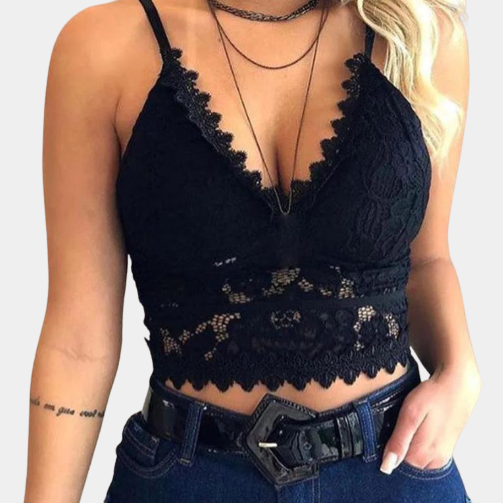 Kanten top - Dames crop top met spaghettibandjes en V-hals voor de zomer-Boetiek Moda