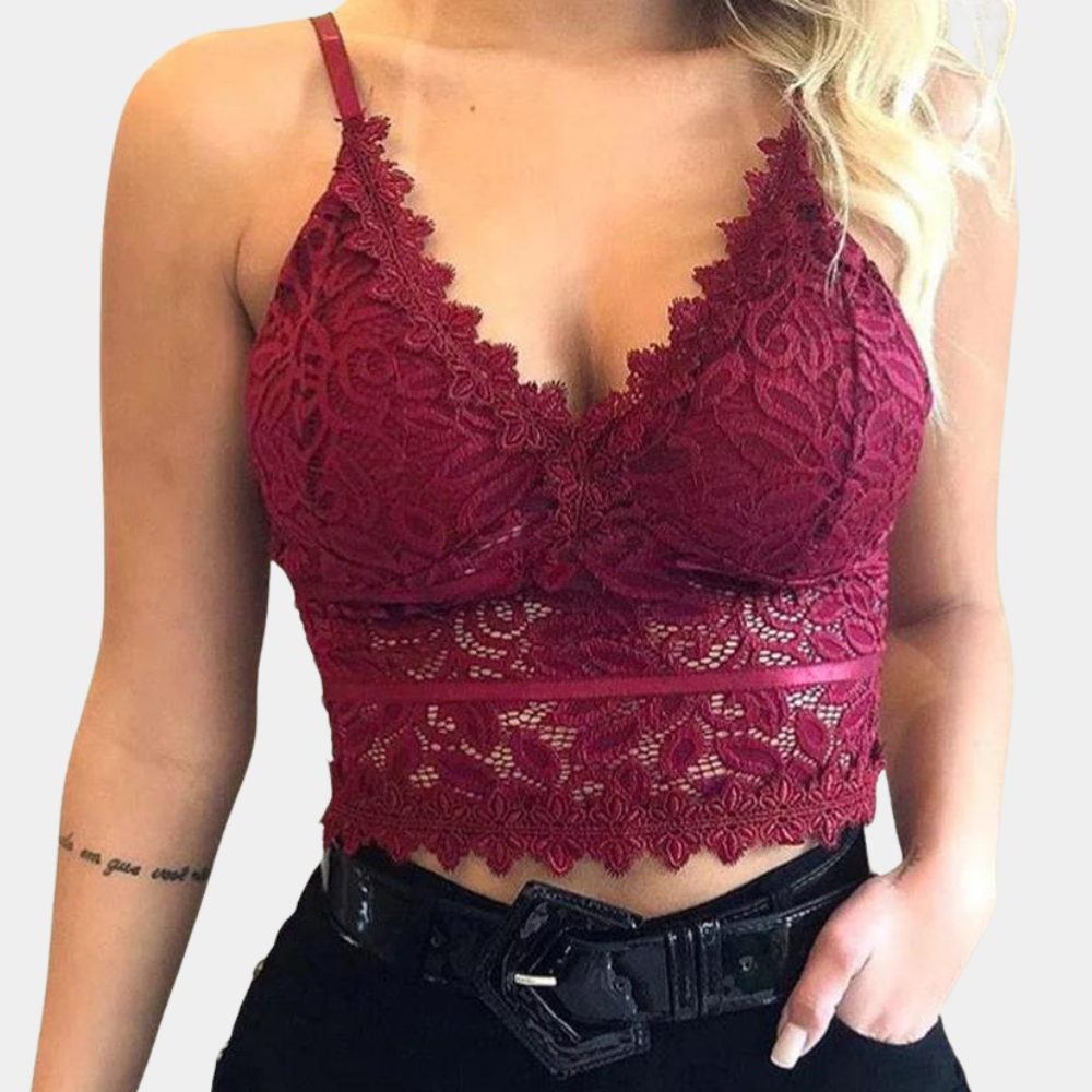 Kanten top - Dames crop top met spaghettibandjes en V-hals voor de zomer-Boetiek Moda