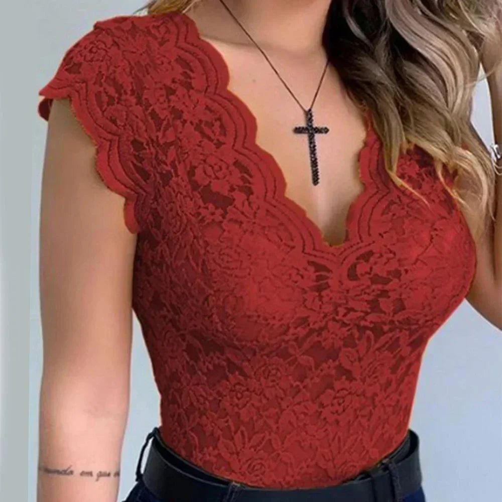 Kanten top - Damesmouwloze doorkijk top met V-hals-Boetiek Moda