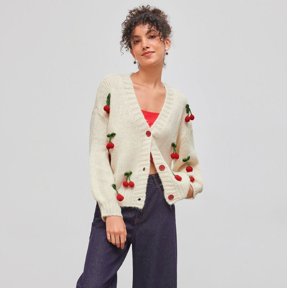 Kersen Vest | Knoopsluiting | V-hals | Gebreid vest | Damesvest-Boetiek Moda