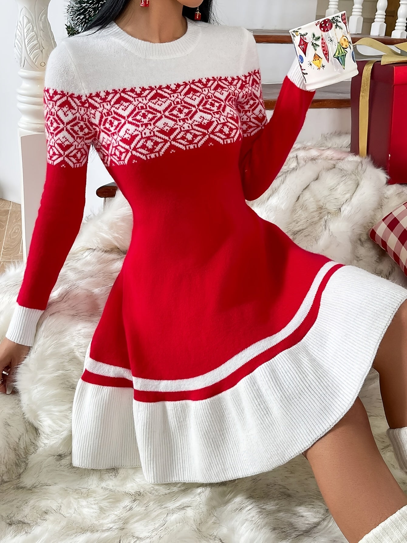 Kerstjurk | Rood | Lange mouwen | Gebreide jurk | Dames trui-jurk-Boetiek Moda