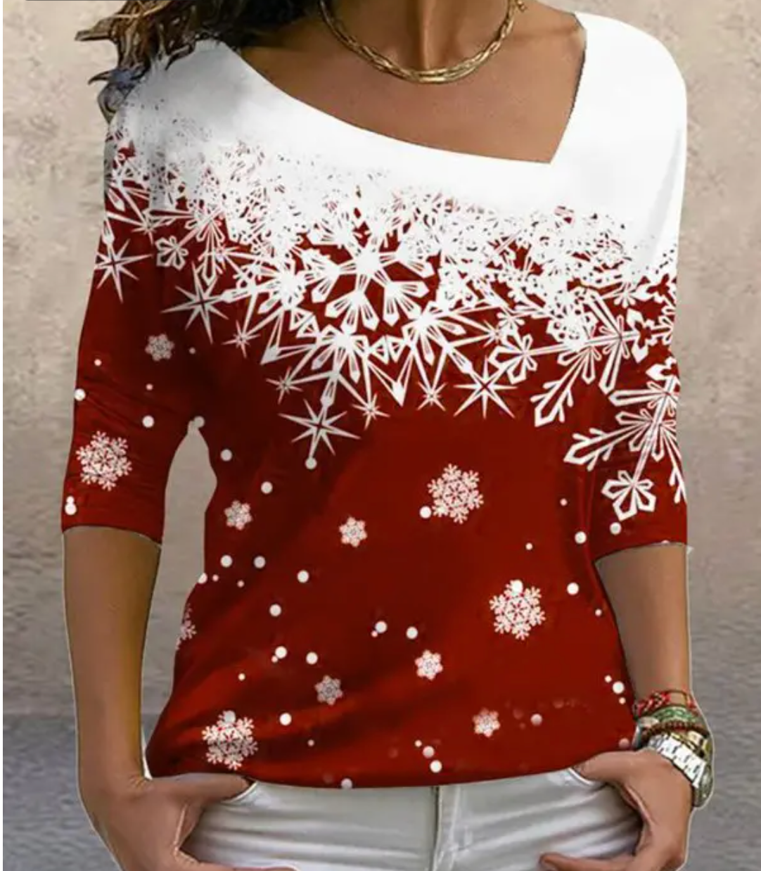 Kersttrui - Dames rood Snowflake Blouse met lange mouwen-Boetiek Moda