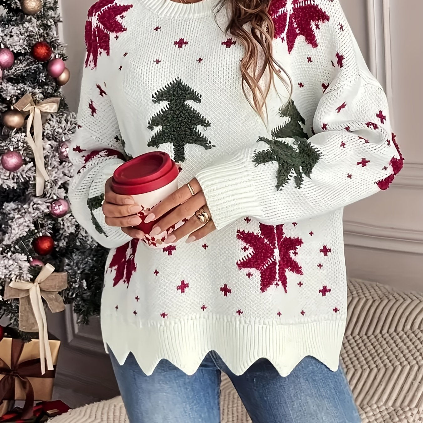Kersttrui - Oversized gebreide kersttrui voor dames-Boetiek Moda