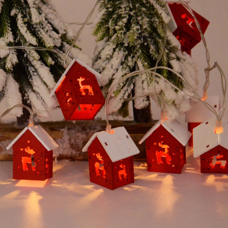 Kerstverlichting - Klein houten LED Huis Kerst String Lights-Boetiek Moda
