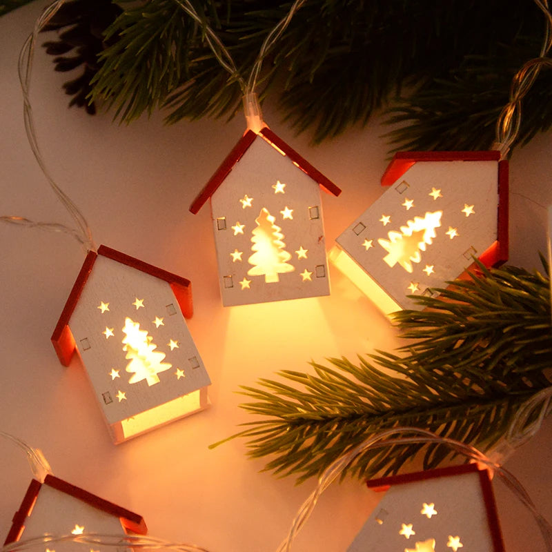 Kerstverlichting - Klein houten LED Huis Kerst String Lights-Boetiek Moda