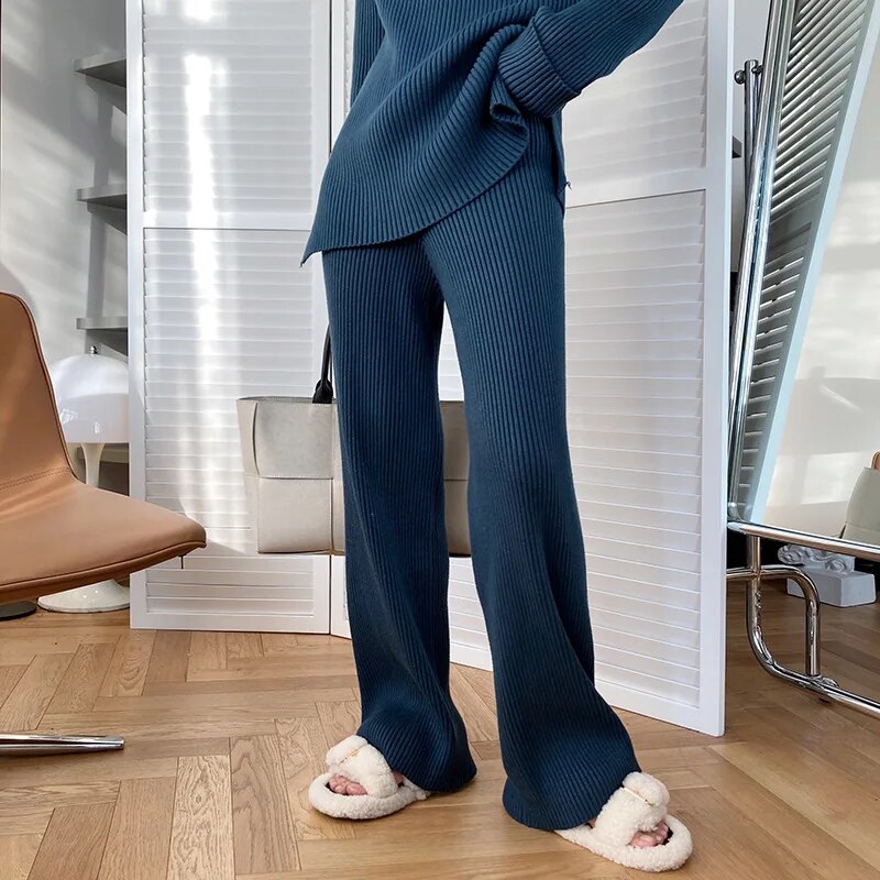 Knitted Co-Ord - Dames Ribgebreide Loungewear Tweedelige Set-Boetiek Moda