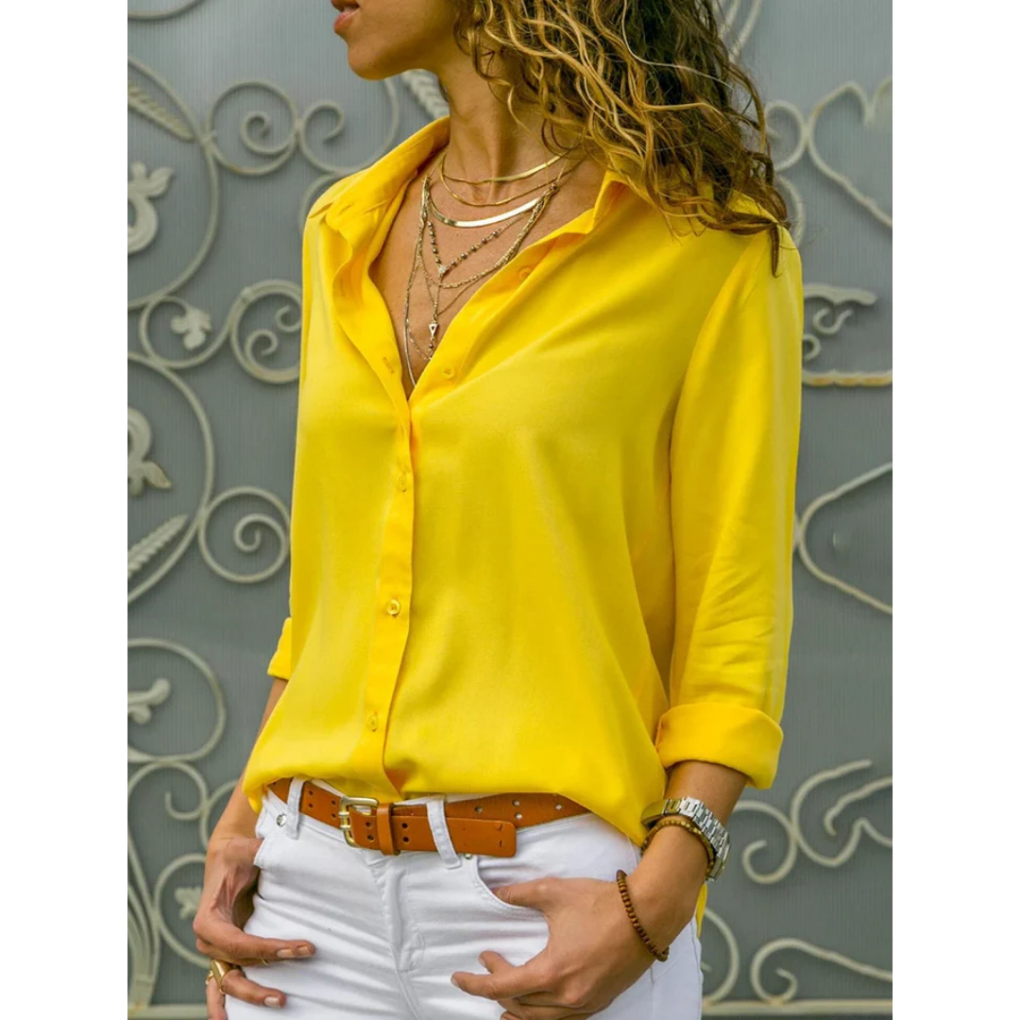 Knoopblouse - Dameshemd met lange Mouwen en Lichtgewicht Knoopsluiting-Boetiek Moda