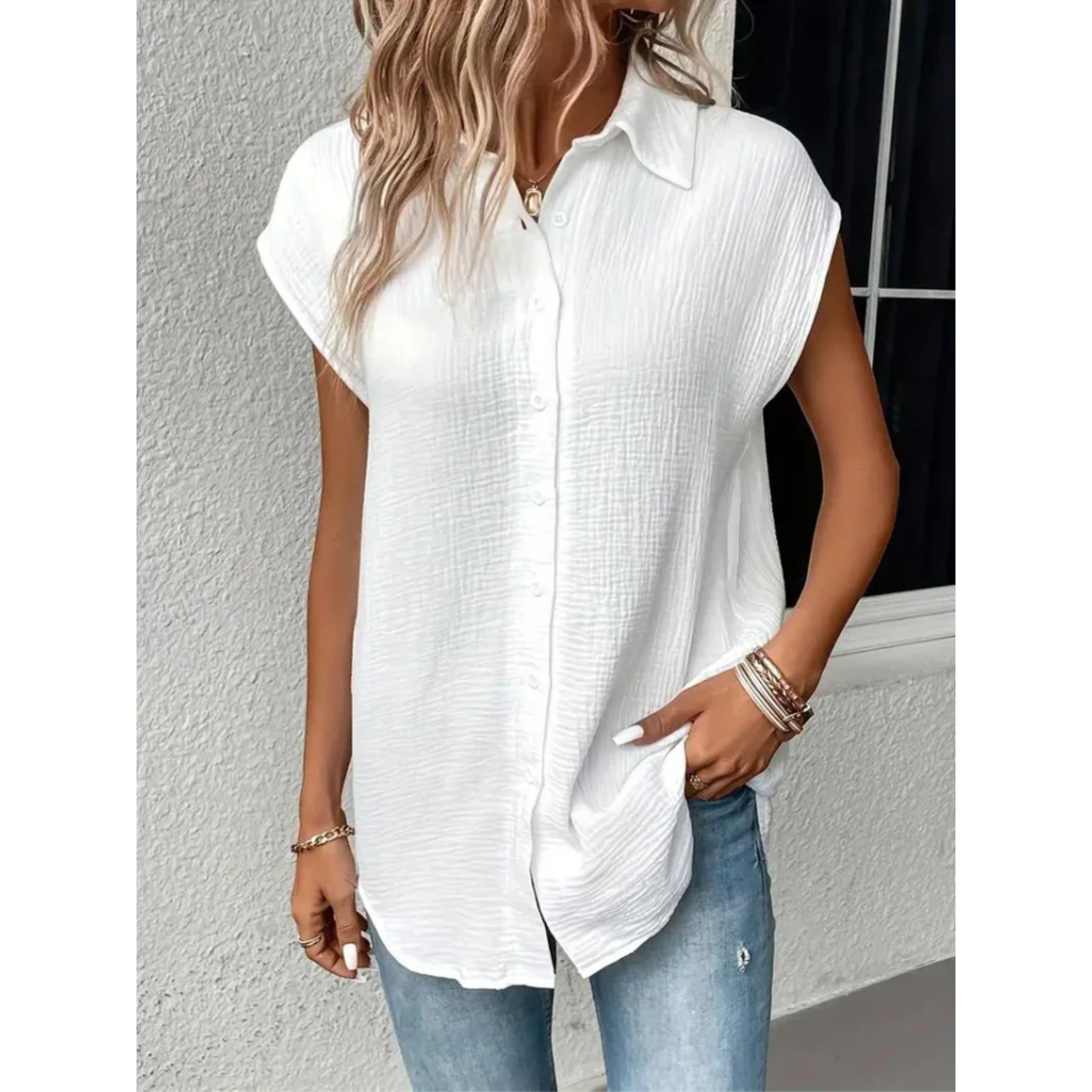 Korte Mouwen Blouse - Dames top met knopen en strik aan de voorkant voor de zomer-Boetiek Moda