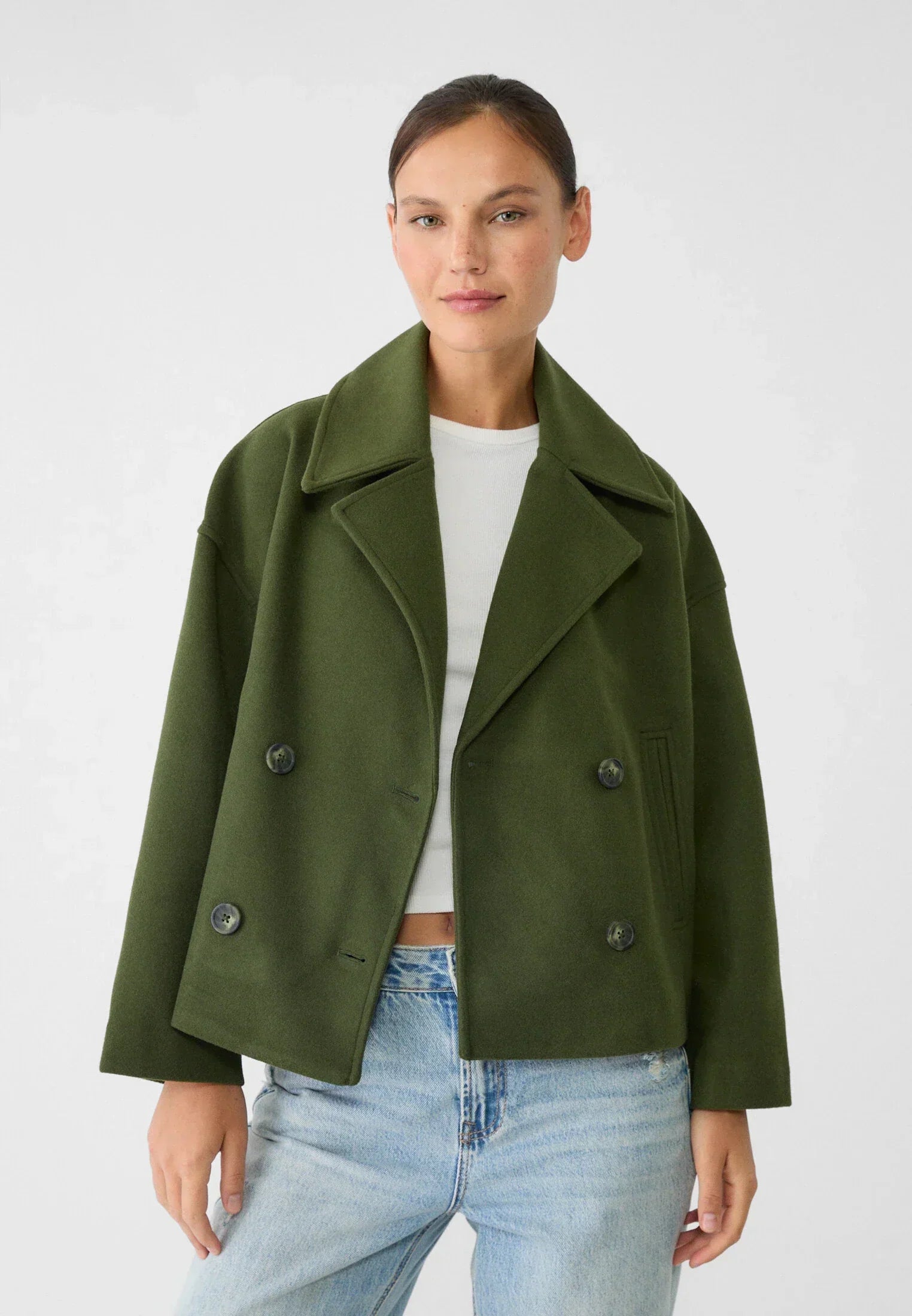 Korte trenchcoat - Dames loose fit korte trenchcoat met twee rijen knopen-Boetiek Moda