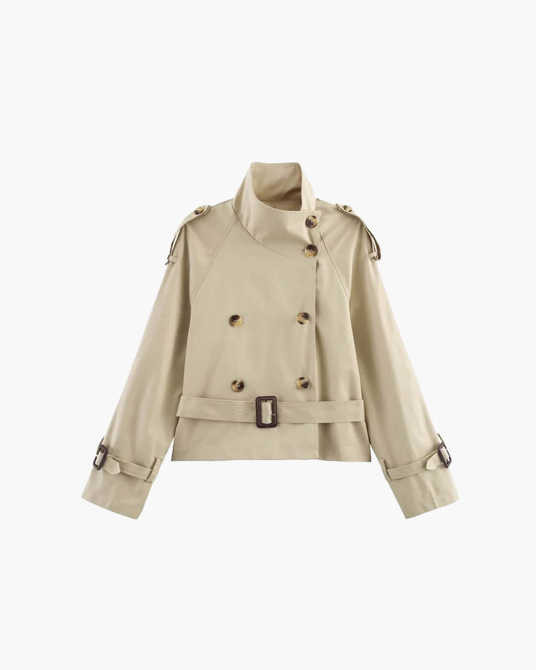 Korte trenchcoat - Klassieke trenchcoat voor dames met dubbele knoopsluiting en riem-Boetiek Moda