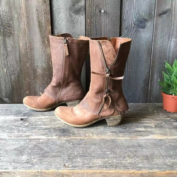 Laarzen met hakken - Bruine leren laarzen met rits tot halverwege de kuit voor dames-Boetiek Moda