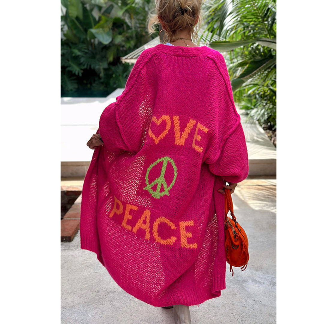 Lang Vest - Dames Love Peace oversized gebreid vest met open voorkant-Boetiek Moda