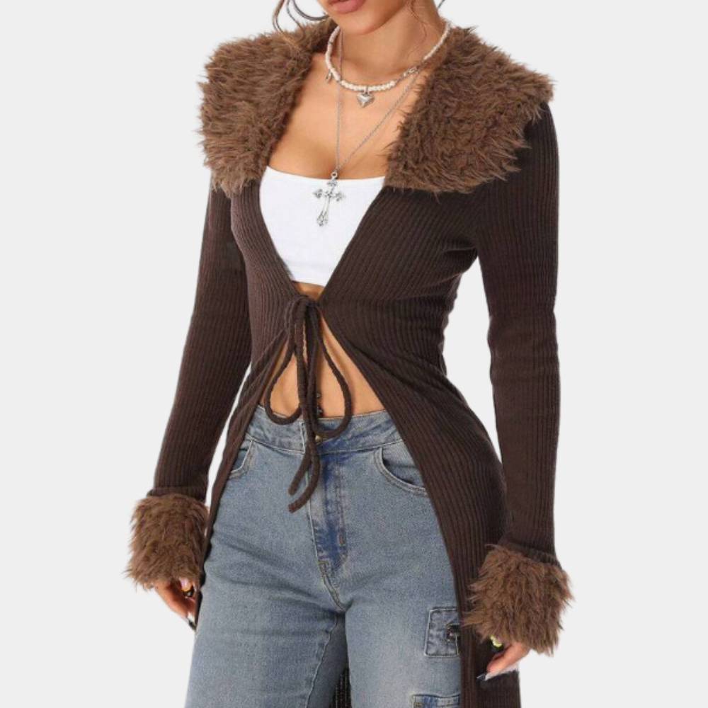 Lang vest | Ribgebreid | Bruin | Gebreid vest | Damesvest-Boetiek Moda