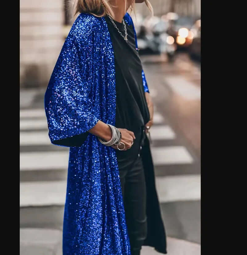Lange kimono met lovertjes - Open voorkant - Lange mouwen - Glitter kimono - Glitter vest-Boetiek Moda
