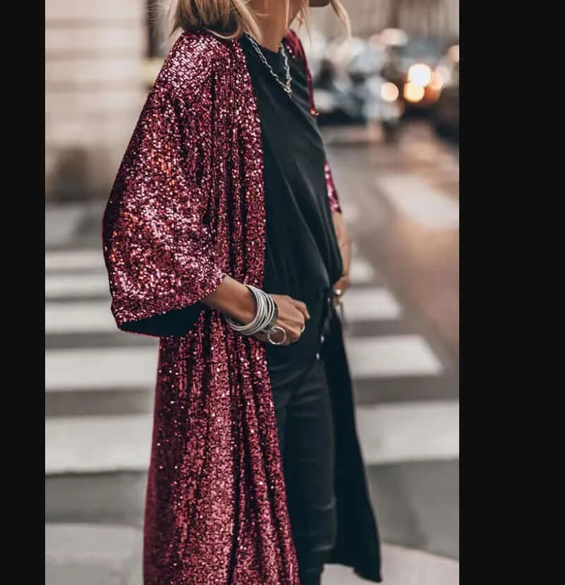 Lange kimono met lovertjes - Open voorkant - Lange mouwen - Glitter kimono - Glitter vest-Boetiek Moda