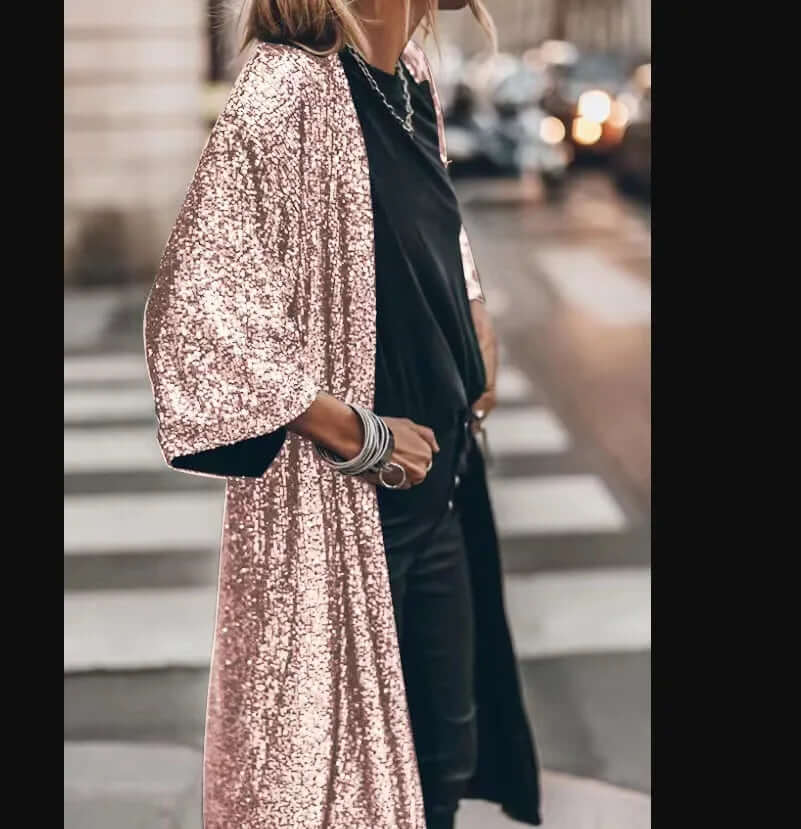 Lange kimono met lovertjes - Open voorkant - Lange mouwen - Glitter kimono - Glitter vest-Boetiek Moda