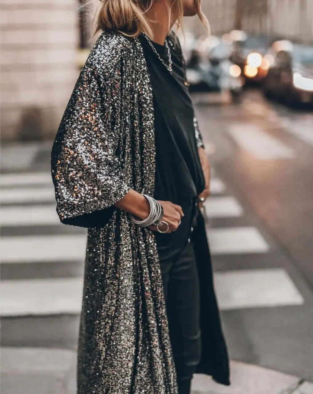 Lange kimono met lovertjes - Open voorkant - Lange mouwen - Glitter kimono - Glitter vest-Boetiek Moda