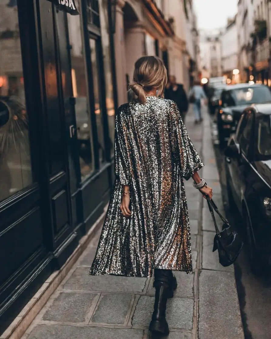 Lange kimono met lovertjes - Open voorkant - Lange mouwen - Glitter kimono - Glitter vest-Boetiek Moda