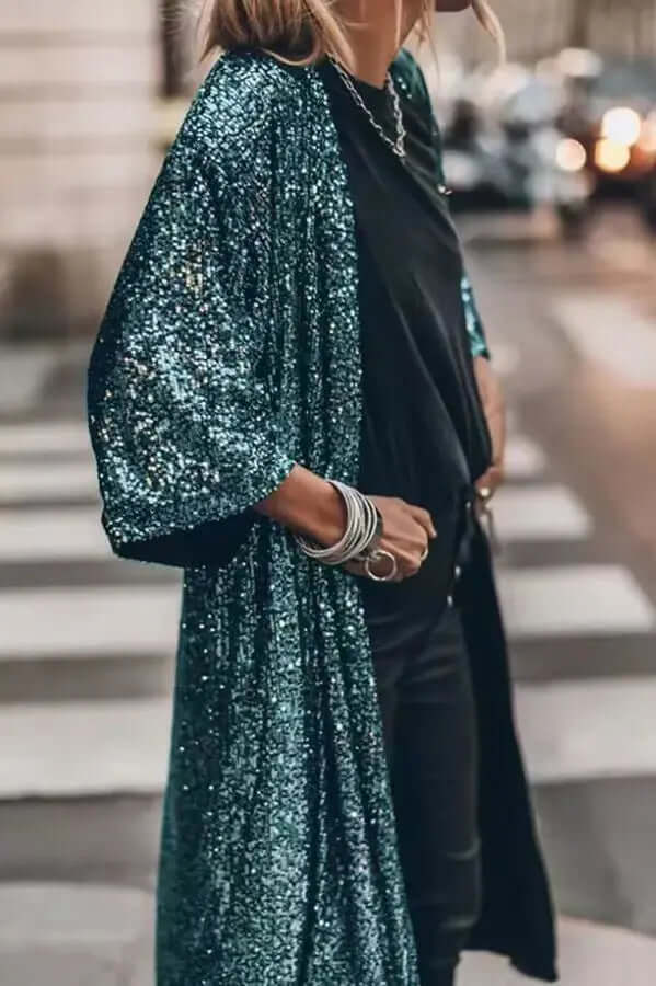 Lange kimono met lovertjes - Open voorkant - Lange mouwen - Glitter kimono - Glitter vest-Boetiek Moda