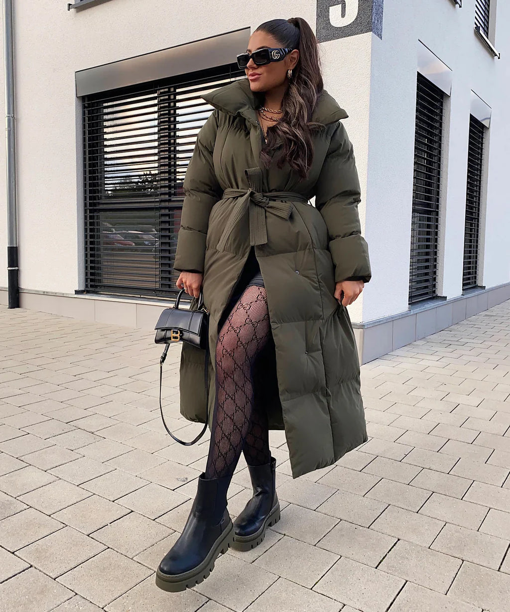 Lange pufferjas | Warm | Riem | Gewatteerde jas | Lange winterjas voor dames-Boetiek Moda