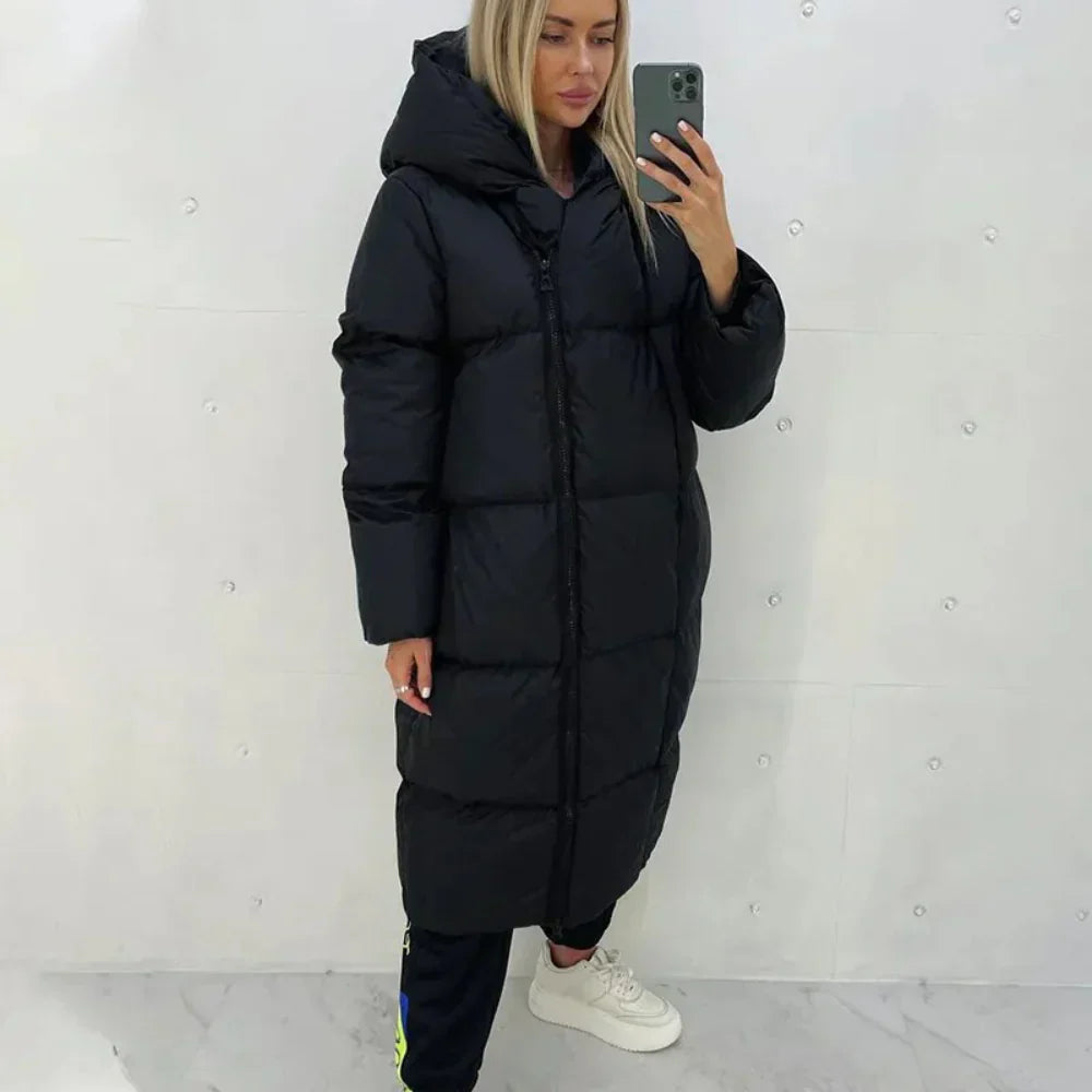 Lange pufferjas - Warme lange winterjas met capuchon voor dames-Boetiek Moda