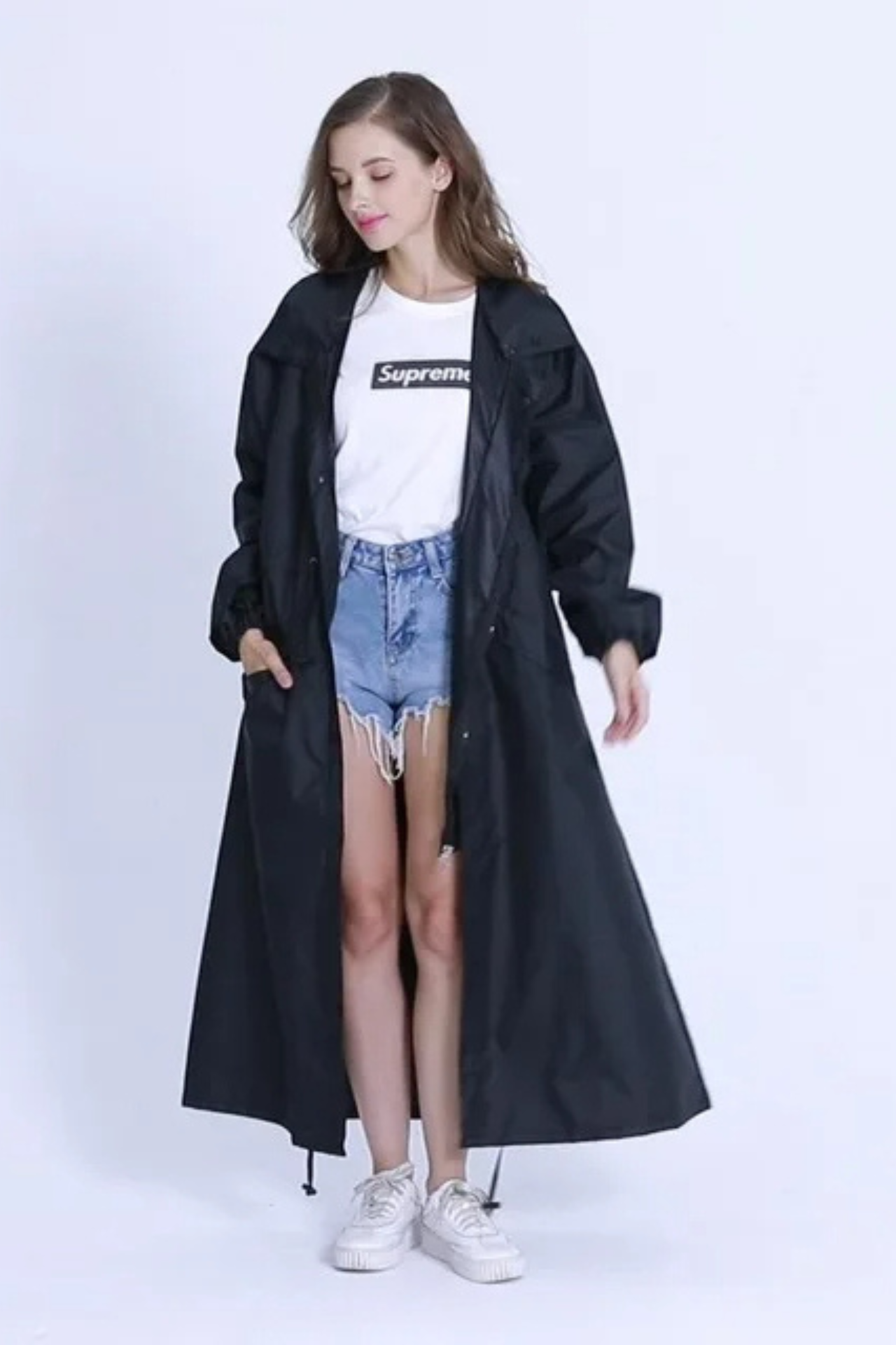 Lange regenjas | Capuchon | Taillekoord | Regenjas | Dames Lange Waterdichte Jas-Boetiek Moda