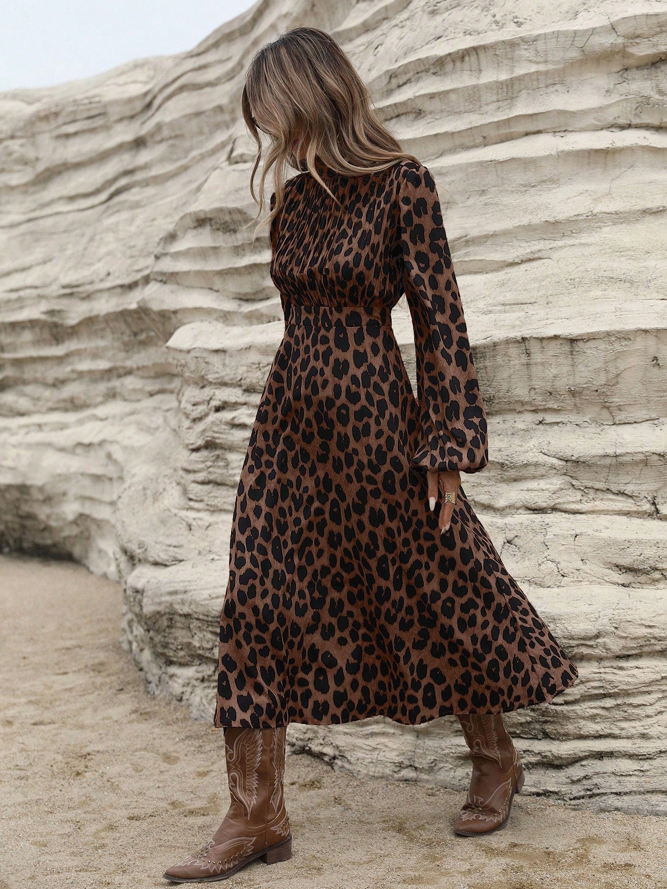 Leopardenkleid - Langärmeliges A-Linien Midikleid für Frauen-Boetiek Moda