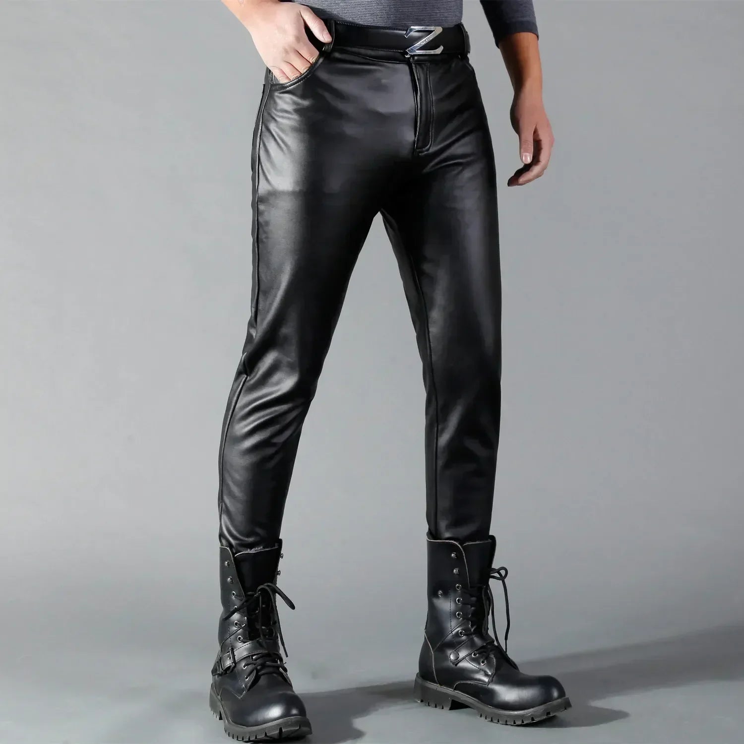 Leren Broek - Zwarte stretch skinny leren broek voor heren-Boetiek Moda