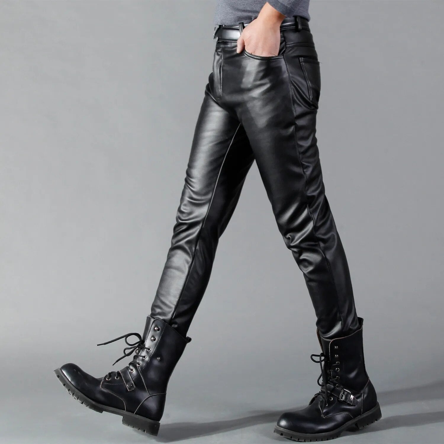 Leren Broek - Zwarte stretch skinny leren broek voor heren-Boetiek Moda