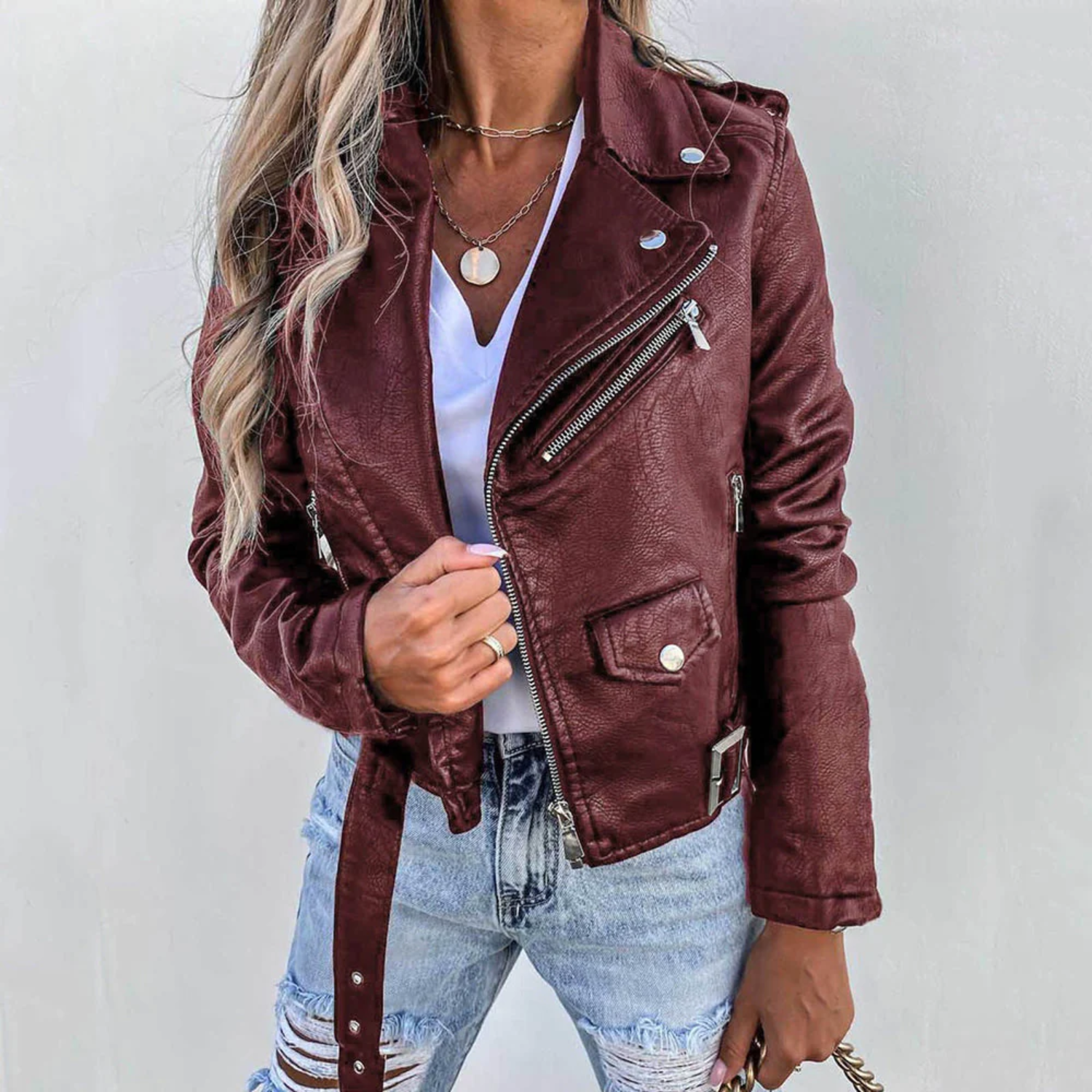 Leren Jas | Slim fit | Riem | Bikerjas | Leren jas voor dames-Boetiek Moda