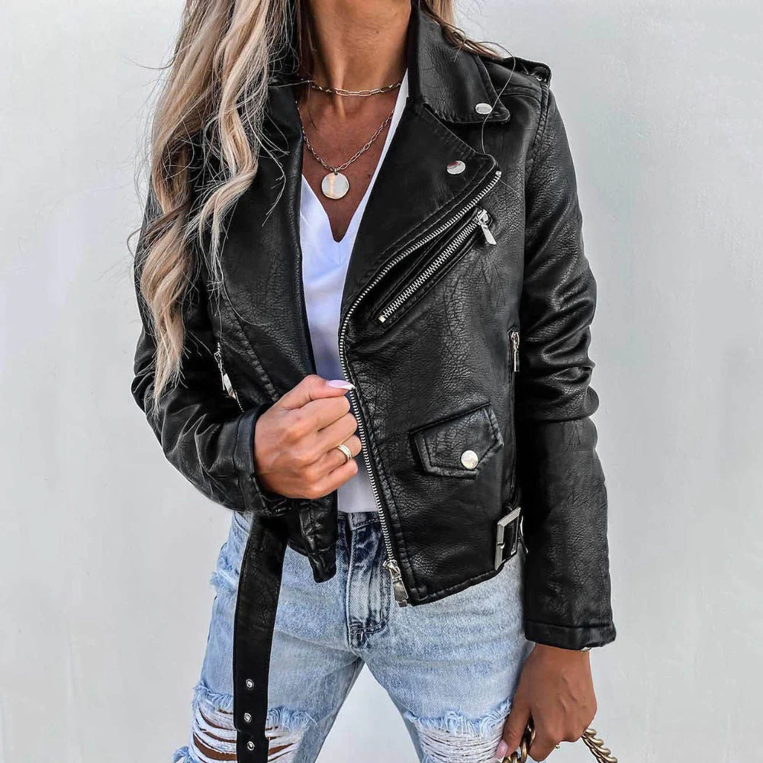 Leren Jas | Slim fit | Riem | Bikerjas | Leren jas voor dames-Boetiek Moda