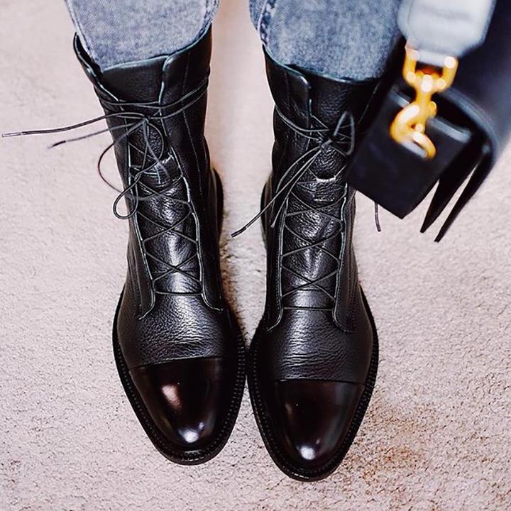 Leren Laarzen - Dames Vintage Mid Calf Lace Up Laarzen-Boetiek Moda