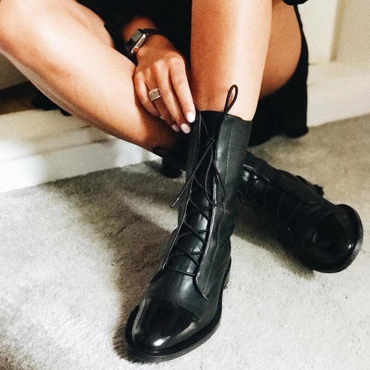 Leren Laarzen - Dames Vintage Mid Calf Lace Up Laarzen-Boetiek Moda