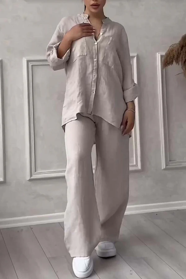 Linen Co-Ord Set | Button-Up | Wijde pijpen | Tweedelige set | Linnen shirt en broek dames-Boetiek Moda