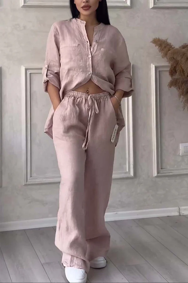 Linen Co-Ord Set | Button-Up | Wijde pijpen | Tweedelige set | Linnen shirt en broek dames-Boetiek Moda