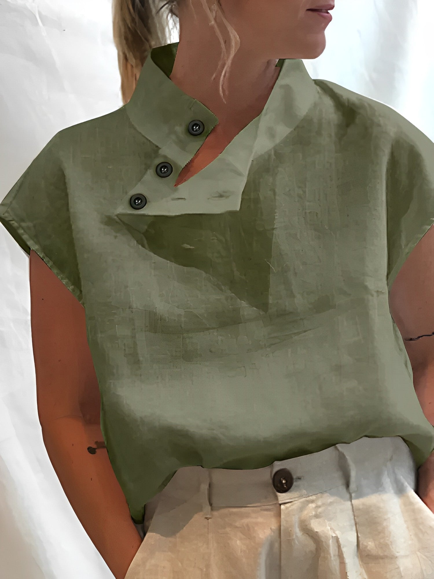 Linnen Blouse | Korte Mouw | Hoge Hals | Zomer Top | Dameskleding-Boetiek Moda