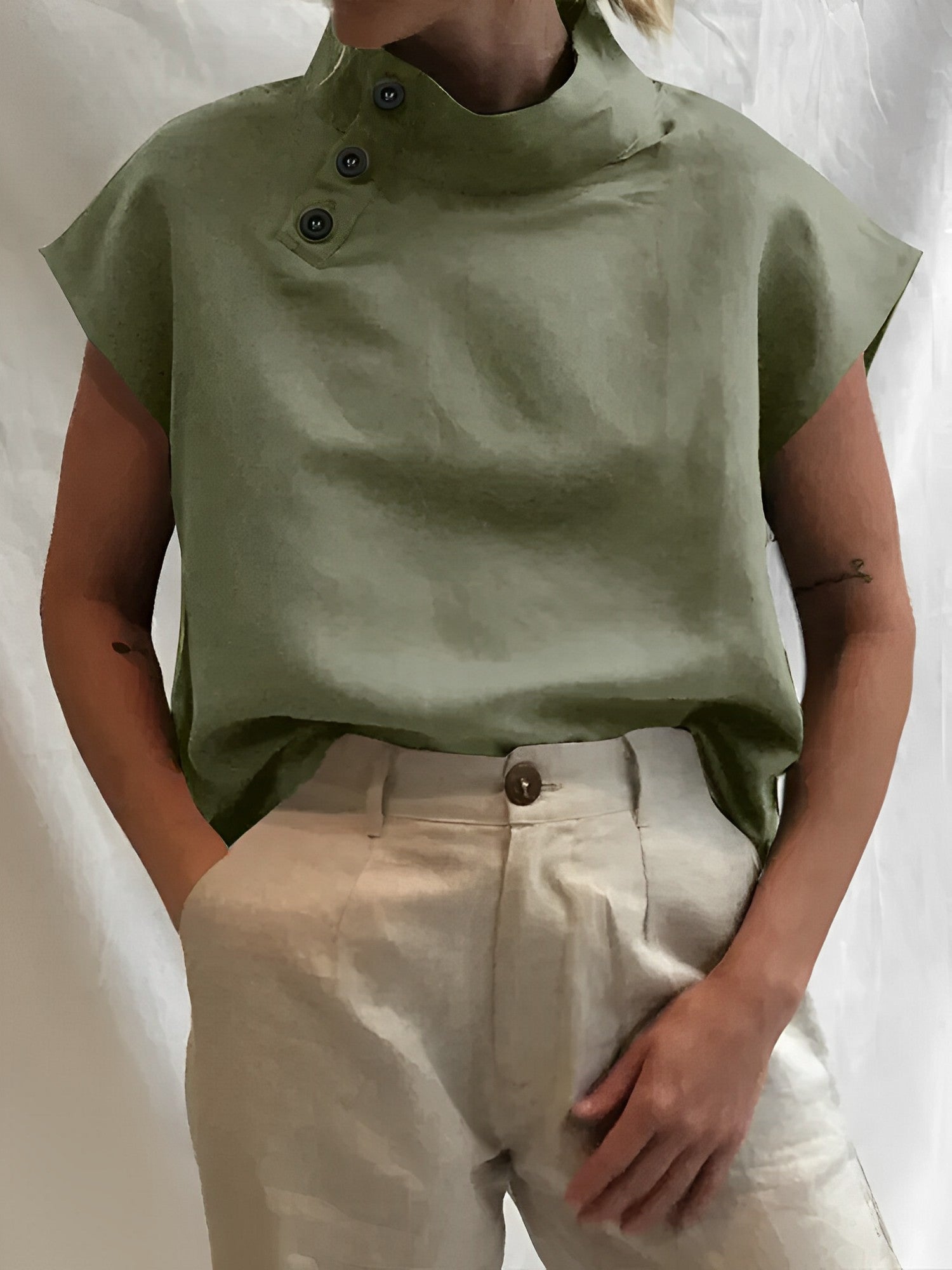 Linnen Blouse | Korte Mouw | Hoge Hals | Zomer Top | Dameskleding-Boetiek Moda