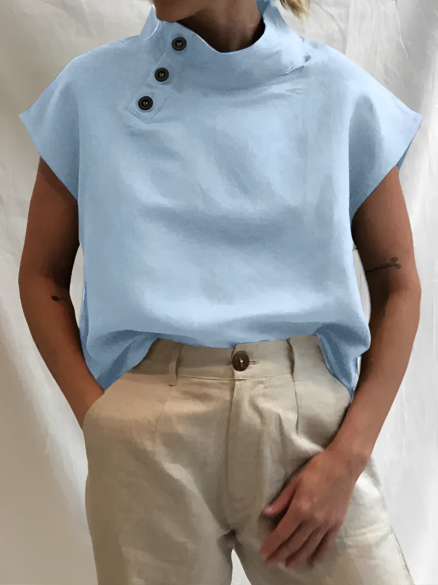 Linnen Blouse | Korte Mouw | Hoge Hals | Zomer Top | Dameskleding-Boetiek Moda