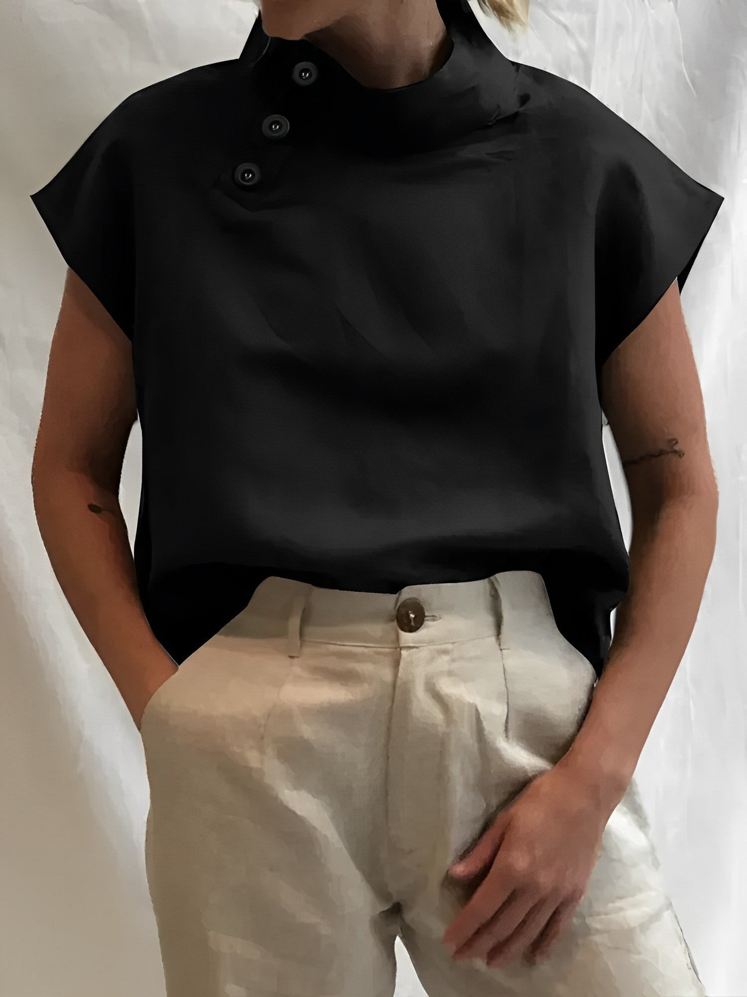 Linnen Blouse | Korte Mouw | Hoge Hals | Zomer Top | Dameskleding-Boetiek Moda