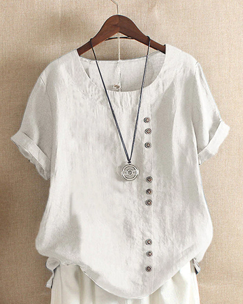 Linnen Blouse - Losvallend linnen T-shirt met korte mouwen voor dames-Boetiek Moda