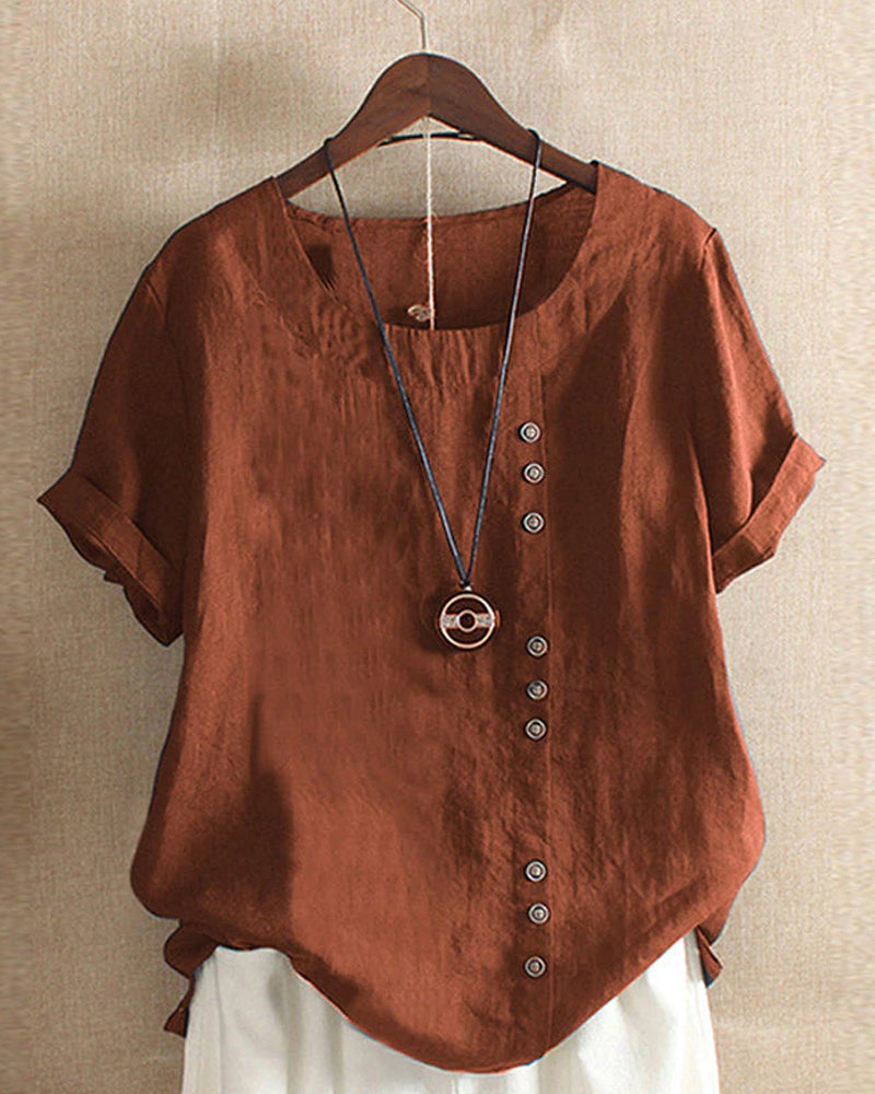 Linnen Blouse - Losvallend linnen T-shirt met korte mouwen voor dames-Boetiek Moda