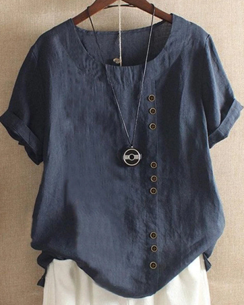 Linnen Blouse - Losvallend linnen T-shirt met korte mouwen voor dames-Boetiek Moda