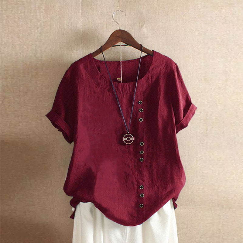 Linnen Blouse - Losvallend linnen T-shirt met korte mouwen voor dames-Boetiek Moda