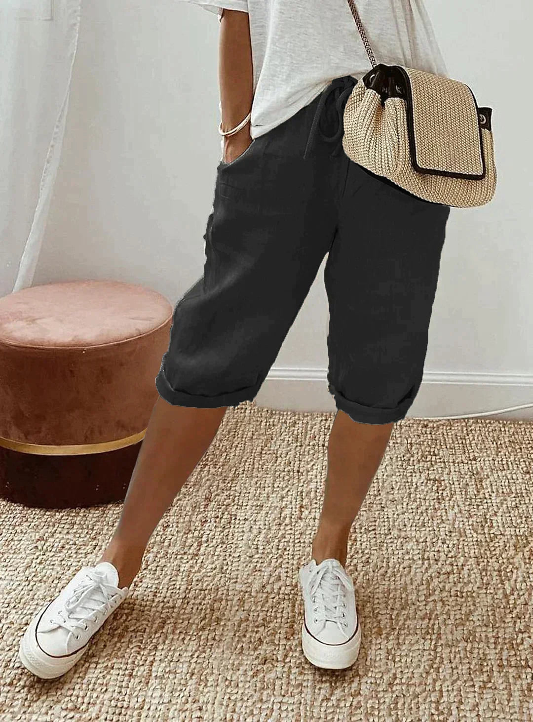 Linnen Capri Broek | Koord | Los Pasvorm | Lange Linnen Korte Broek | Dames Zomerbroek-Boetiek Moda