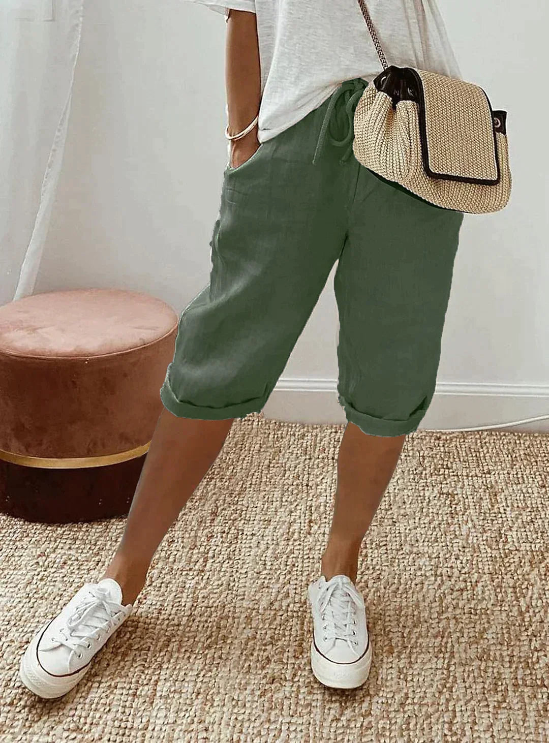Linnen Capri Broek | Koord | Los Pasvorm | Lange Linnen Korte Broek | Dames Zomerbroek-Boetiek Moda