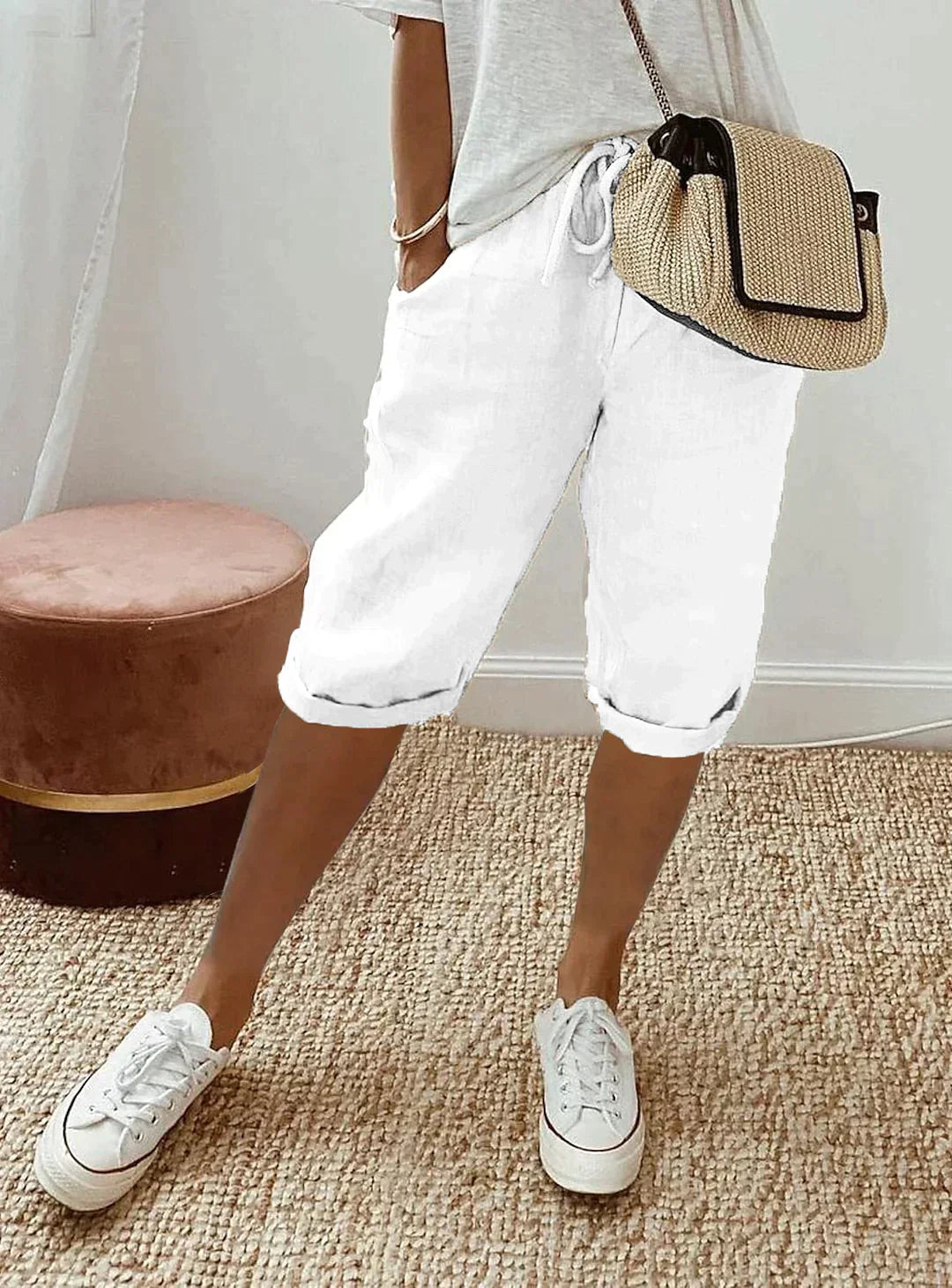 Linnen Capri Broek | Koord | Los Pasvorm | Lange Linnen Korte Broek | Dames Zomerbroek-Boetiek Moda