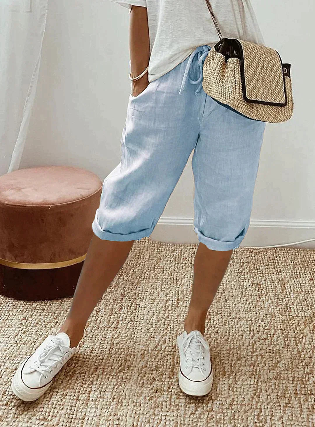 Linnen Capri Broek | Koord | Los Pasvorm | Lange Linnen Korte Broek | Dames Zomerbroek-Boetiek Moda