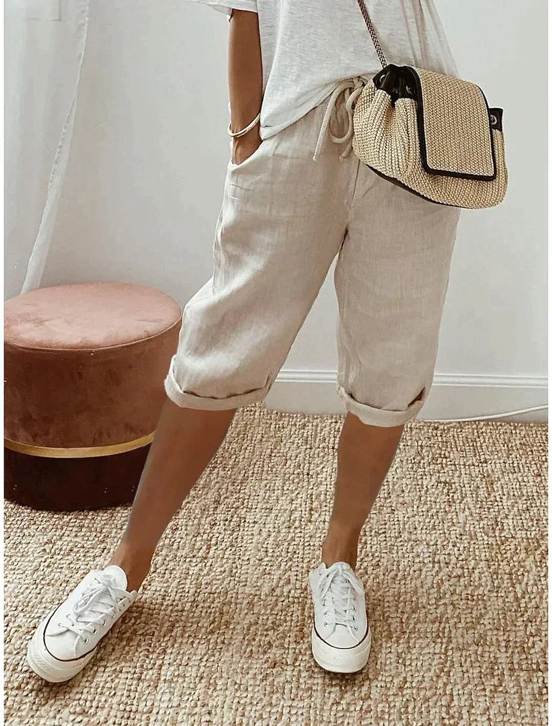 Linnen Capri Broek | Koord | Los Pasvorm | Lange Linnen Korte Broek | Dames Zomerbroek-Boetiek Moda