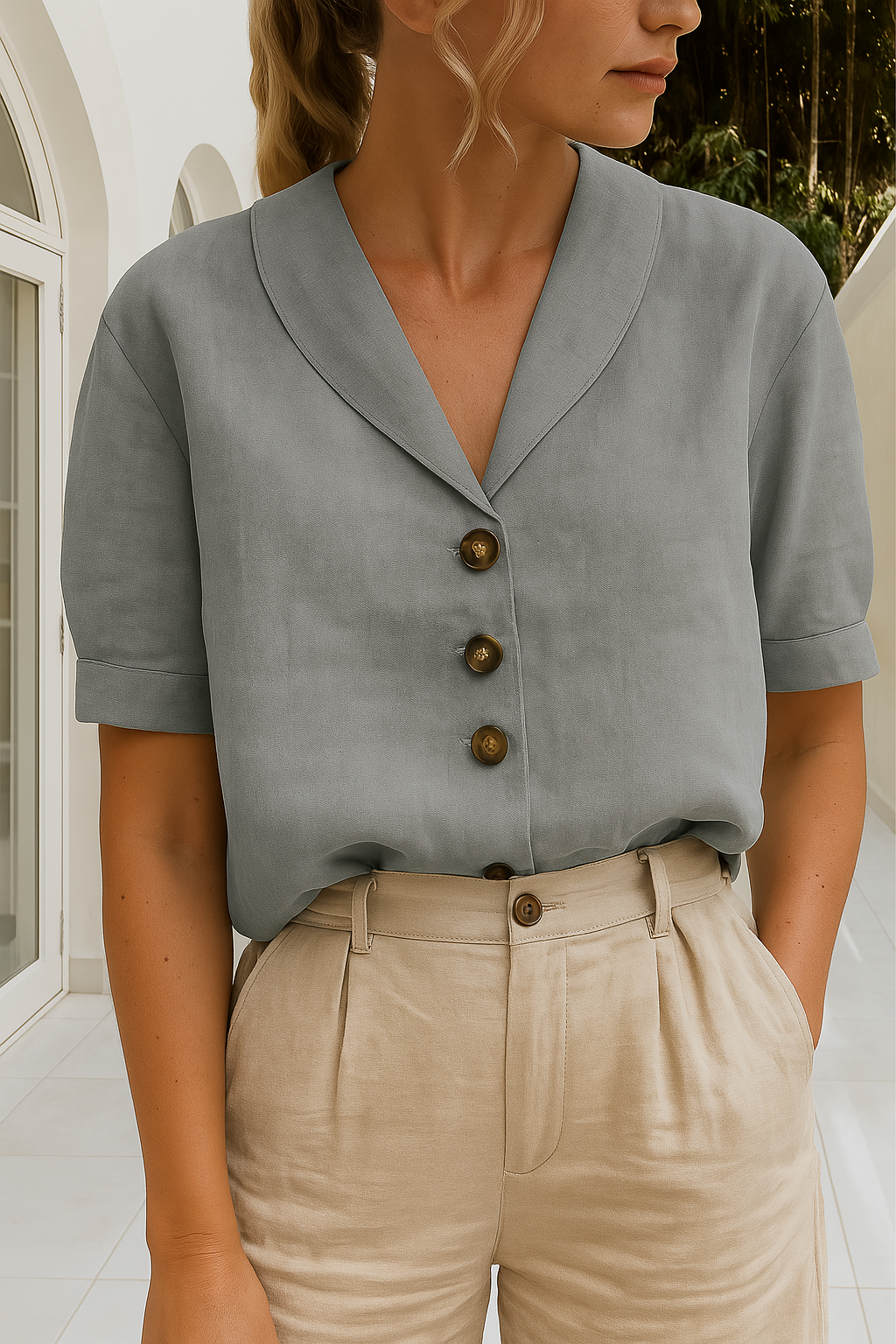 Linnen Top | Korte Mouw | Losse Pasvorm | Blouse | Linnen T-Shirts Vrouwen-Boetiek Moda